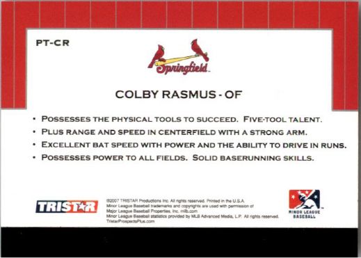 2007 COLBY RASMUS TriStar Prospects Plus Rookie PROTENTIAL RC