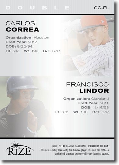 (25) 2012 Carlos CORREA * Francisco LINDOR Rize Draft Rookie Inaugural Edition