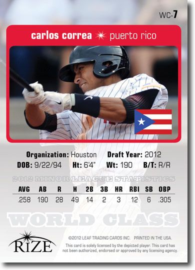 CARLOS CORREA 2012 Rize Rookie PINK Paragon WORLD CLASS RC #/200