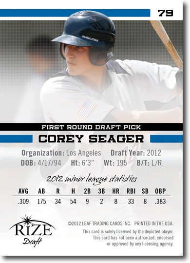 COREY SEAGER 2012 Rize Draft Rookie BLACK Paragon RC #/50