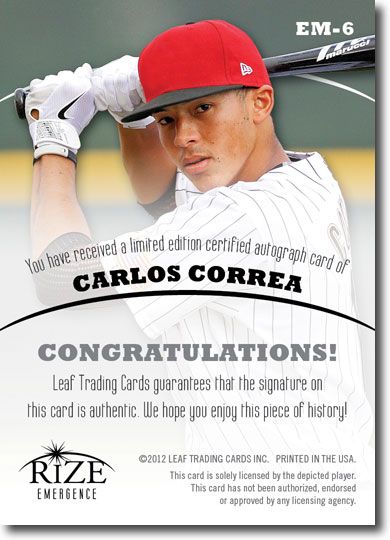 CARLOS CORREA 2012 Rize Rookie Autograph BLACK Auto EMERGENCE RC #/50