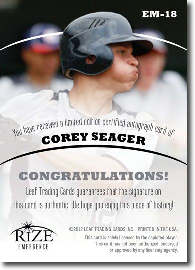 COREY SEAGER 2012 Leaf Rize Rookie Autograph RED Auto EMERGENCE RC #/10