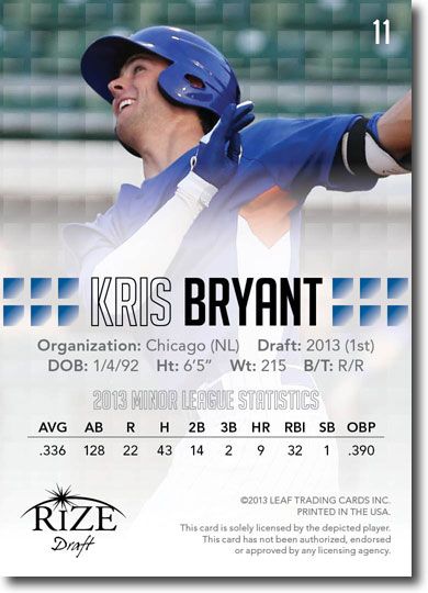 KRIS BRYANT 2013 Rize Draft Baseball Rookie Card RC