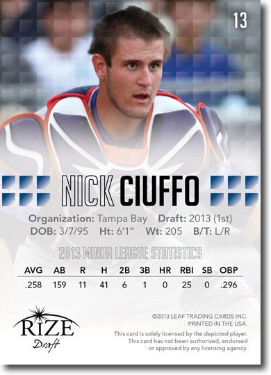 NICK CIUFFO 2013 Rize Draft Baseball Rookie Card RC