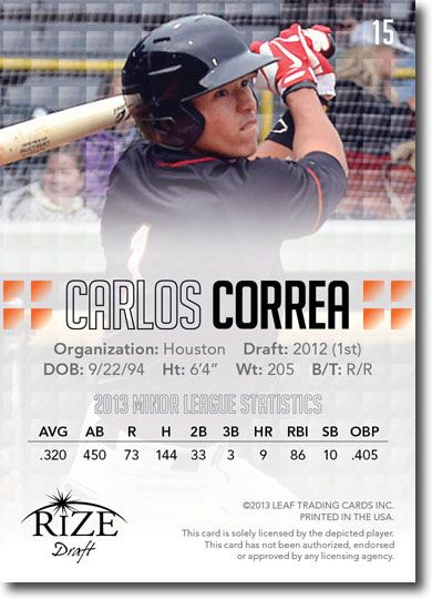 CARLOS CORREA 2013 Rize Draft Baseball Rookie Card RC