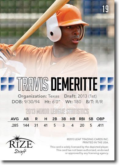 TRAVIS DEMERITTE 2013 Rize Draft Baseball Rookie Card RC