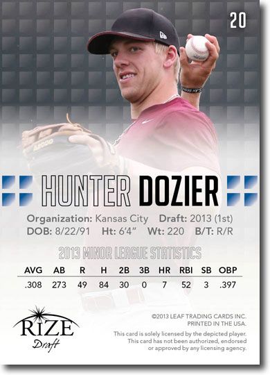 HUNTER DOZIER 2013 Rize Draft Baseball Rookie Card RC