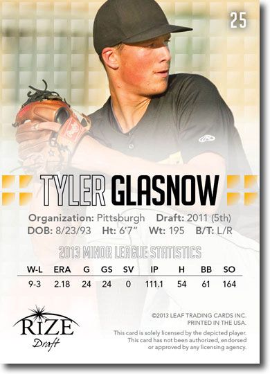 TYLER GLASNOW 2013 Rize Draft Baseball Rookie Card RC