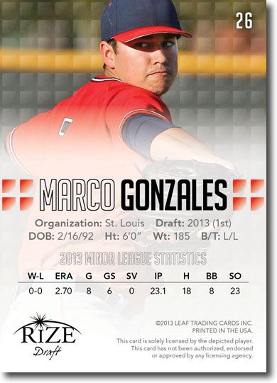 MARCO GONZALES 2013 Rize Draft Baseball Rookie Card RC