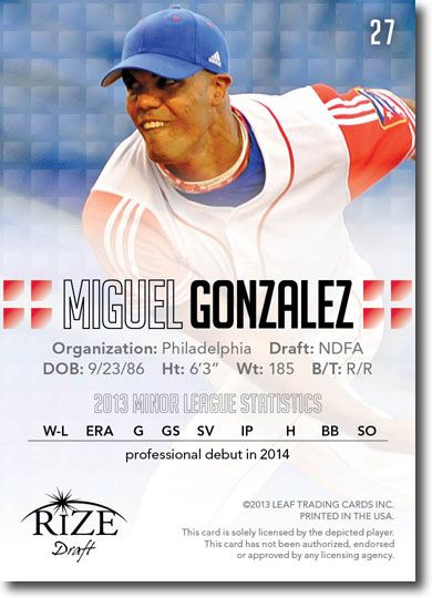 MIGUEL ALFREDO GONZALEZ 2013 Rize Draft Baseball Rookie Card RC