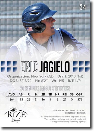 ERIC JAGIELO 2013 Rize Draft Baseball Rookie Card RC