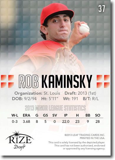 ROB KAMINSKY 2013 Rize Draft Baseball Rookie Card RC
