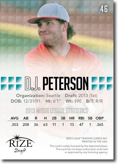 D.J. PETERSON 2013 Rize Draft Baseball Rookie Card RC