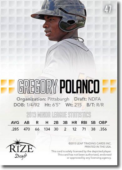 GREGORY POLANCO 2013 Rize Draft Baseball Rookie Card RC
