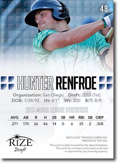 HUNTER RENFROE 2013 Rize Draft Baseball Rookie Card RC