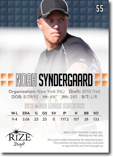 NOAH SYNDERGAARD 2013 Rize Draft Baseball Rookie Card RC