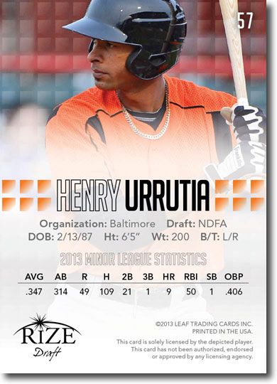 HENRY URRUTIA 2013 Rize Draft Baseball Rookie Card RC