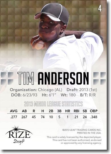 10-Ct Lot TIM ANDERSON 2013 Rize Baseball Rookies Draft RCs