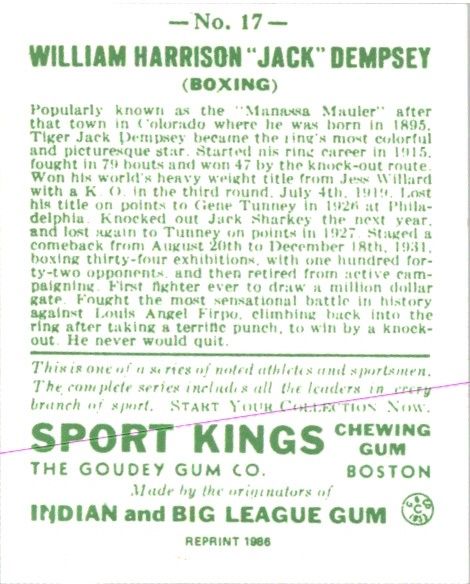 JACK DEMPSEY 1933 Goudey Sport Kings Gum Boxing Card #17 Reprint