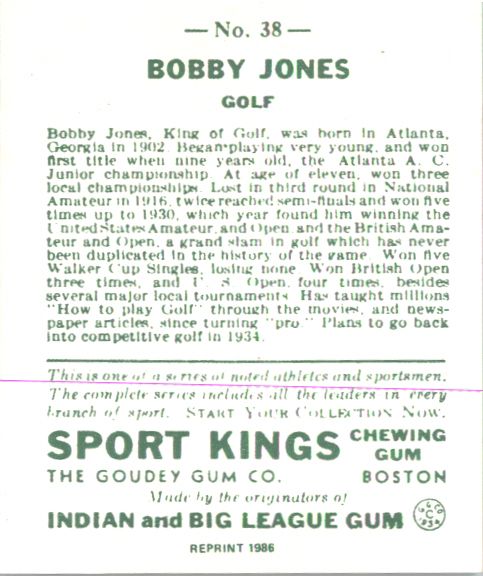 BOBBY JONES 1933 Goudey Sport Kings Gum Golf Card #38 Reprint