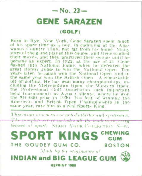 GENE SARAZEN 1933 Goudey Sport Kings Gum Golf Card #22 Reprint
