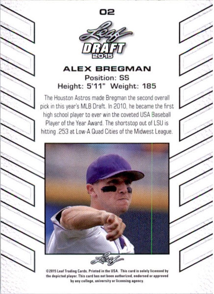 5-Count Lot ALEX BREGMAN 2015 Leaf Draft Baseball Rookies