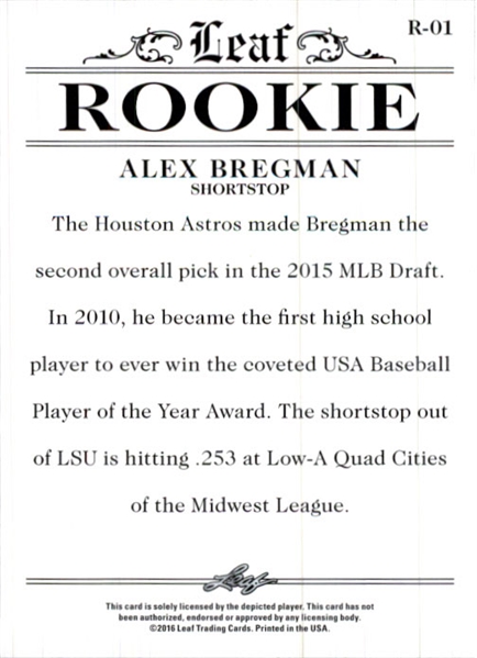 ALEX BREGMAN 2016 Leaf Rookies Exclusive WHITE Rookie Card