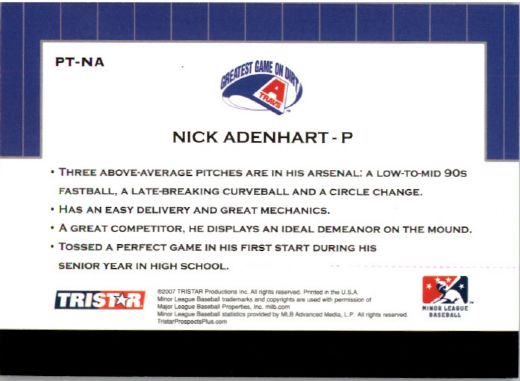 2007 * NICK ADENHART * TriStar Prospects Plus Rookie PROTENTIAL RC ANGELS
