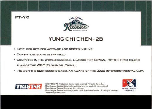 2007 YUNG CHI CHEN TriStar Prospects Plus Rookie PROTENTIAL RC