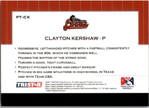 2007 * CLAYTON KERSHAW * TriStar Prospects Plus Rookie PROTENTIAL RC DODGERS