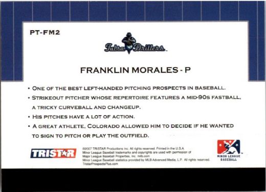 2007 FRANKLIN MORALES TriStar Prospects Plus Rookie PROTENTIAL RC