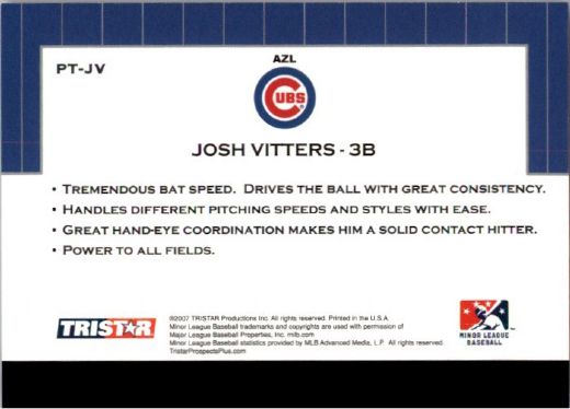 2007 JOSH VITTERS TriStar Prospects Plus Rookie PROTENTIAL RC