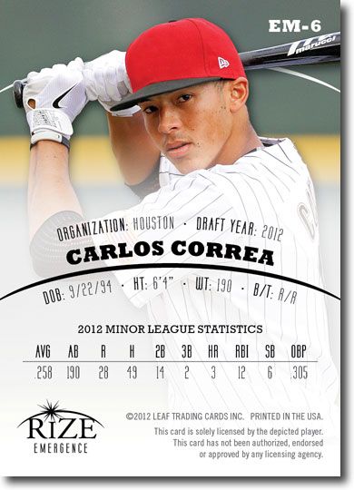 CARLOS CORREA 2012 Rize Draft Rookie Inaugural Edition EMERGENCE RC (QTY)