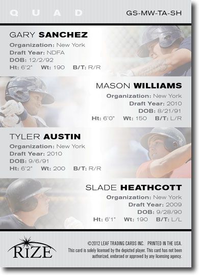 2012 Gary SANCHEZ * Mason WILLIAMS * Tyler AUSTIN * Slade HEATHCOTT Rize (QTY)