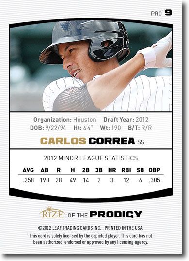 CARLOS CORREA 2012 Rize Rookie PINK Paragon PRODIGY RC #/200