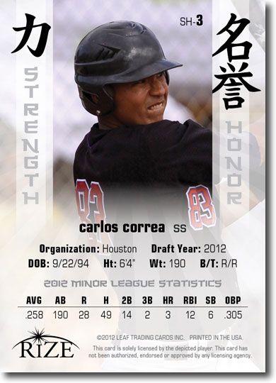 CARLOS CORREA 2012 Rize Rookie PINK Paragon STRENGTH & HONOR RC #/200