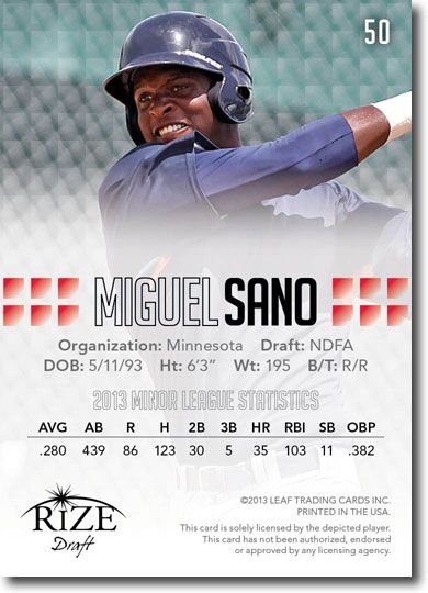 MIGUEL SANO 2013 Rize Draft Baseball Rookie Card RC