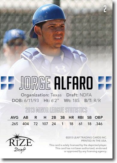 10-Ct Lot JORGE ALFARO 2013 Rize Baseball Rookies Draft RCs