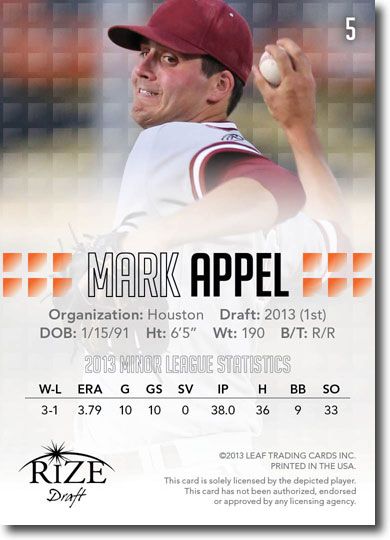 10-Ct Lot MARK APPEL 2013 Rize Baseball Rookies Draft RCs