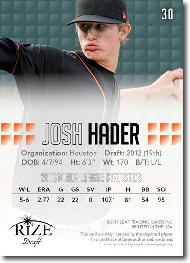 10-Ct Lot JOSH HADER 2013 Rize Baseball Rookies Draft RCs
