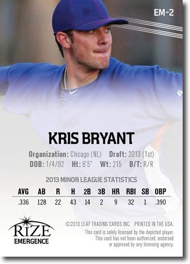 KRIS BRYANT 2013 Rize Rookie BLACK Paragon EMERGENCE RC #/50