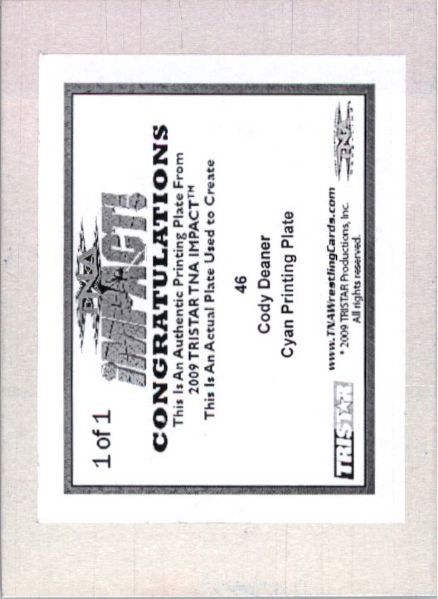 2009 TriStar TNA WWE Impact CODY DEANER #46 Printing Press Plate 1/1