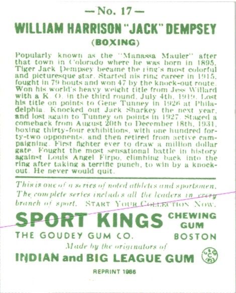 (25) JACK DEMPSEY 1933 Goudey Sport Kings Gum Boxing Card #17 Reprints