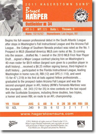 BRYCE HARPER 2011 5-Card Hagerstown Suns Pro Debut Rookie COMPLETE SET PHILLIES