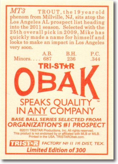 MIKE TROUT 2011 Tristar Obak Rookie Limited Edition MT3 SP Insert ANGELS #/300