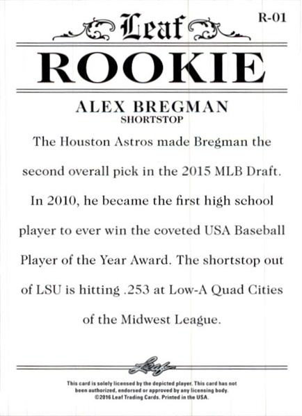ALEX BREGMAN 2016 Leaf Rookies Exclusive WHITE Rookie Card
